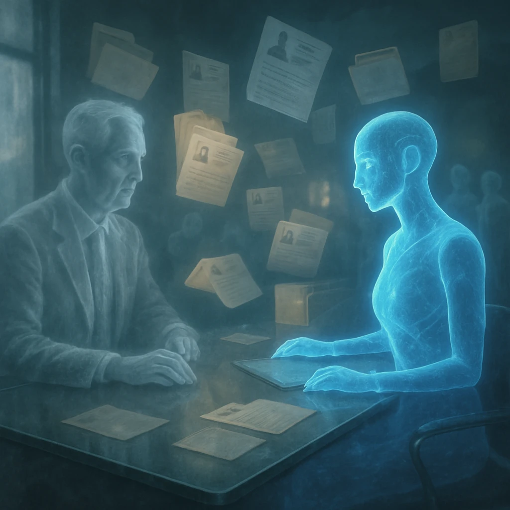 霧がかった冥界のオフィスで仕事を探すスーツ姿の幽霊と青い光を放つAIホログラムの相談員が机越しに向かい合っている様子。