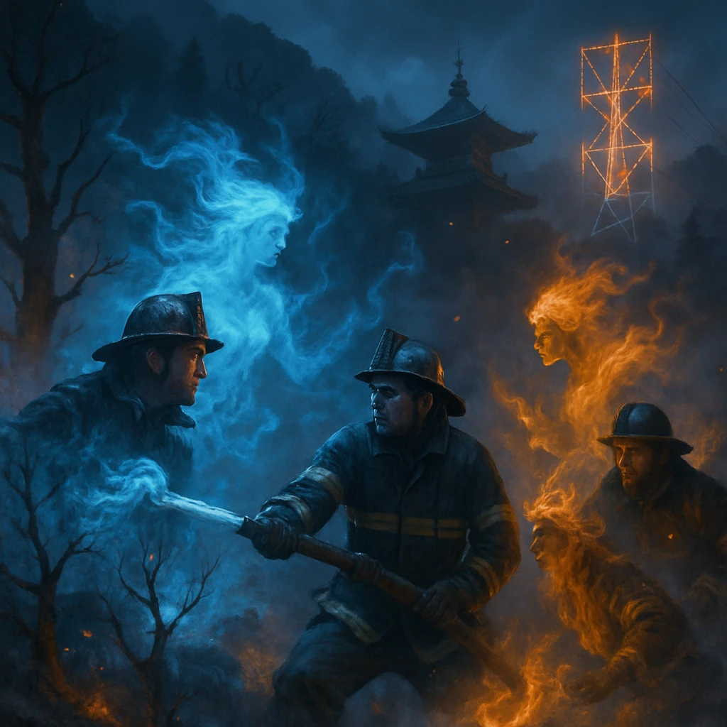 夜の霧に包まれた異世界の山で、憑火団の妖怪消防士と精霊たちが青白く燃える幽火に立ち向かう様子。