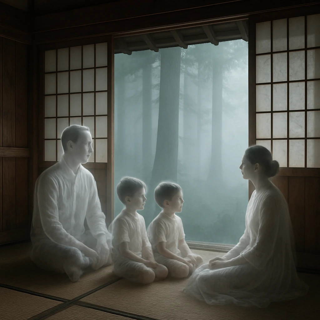 朝霧の中、古い日本家屋の和室で半透明の幽霊家族が座り、外の千年杉の森を眺めている様子。
