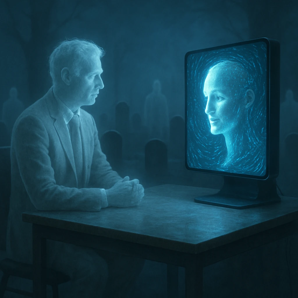 薄暗いオフィス風の空間で、ビジネススーツ姿の幽霊が発光するAIスクリーンと面接する様子。