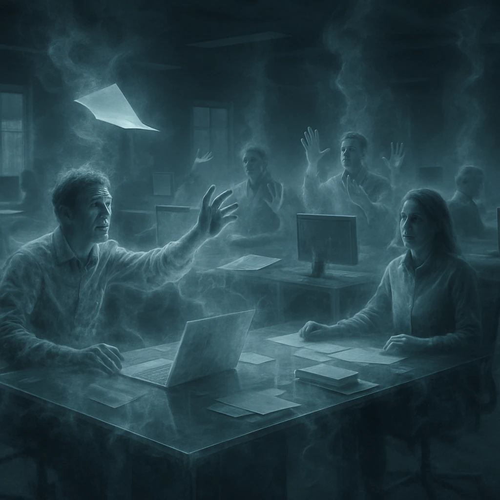 幽霊のようなオフィスワーカーたちが、溶けて消えゆく椅子や書類に困惑している光景。