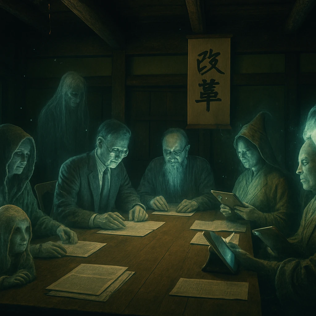 伝統的な和風オフィスで幽霊や妖怪の労働者たちが会議をしている様子。