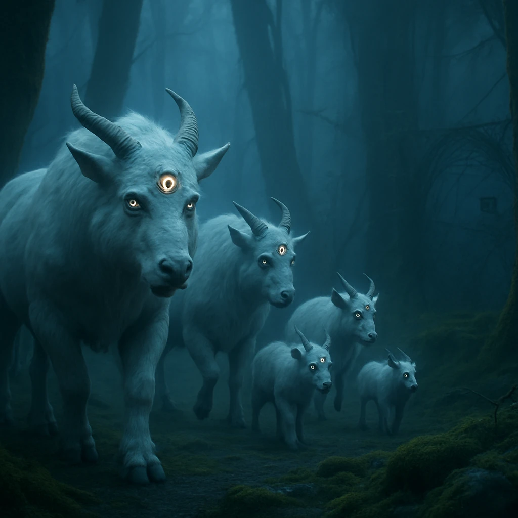 三つの目を持つ白い幻獣・ハクタクの一家が、霧の立ちこめる古い森の中を移動している様子。