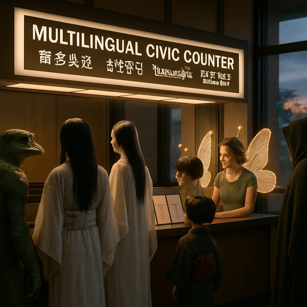 新久遠市役所の多言語市民窓口で、河童や幽霊、座敷童子など多様な異界住民が投票案内を受けている様子。