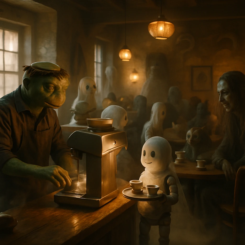 異界の喫茶店でカッパの店長や幽霊の子ども、妖怪や精霊たちが会話や仕事を楽しむ様子をリアルに描いた写真風画像。