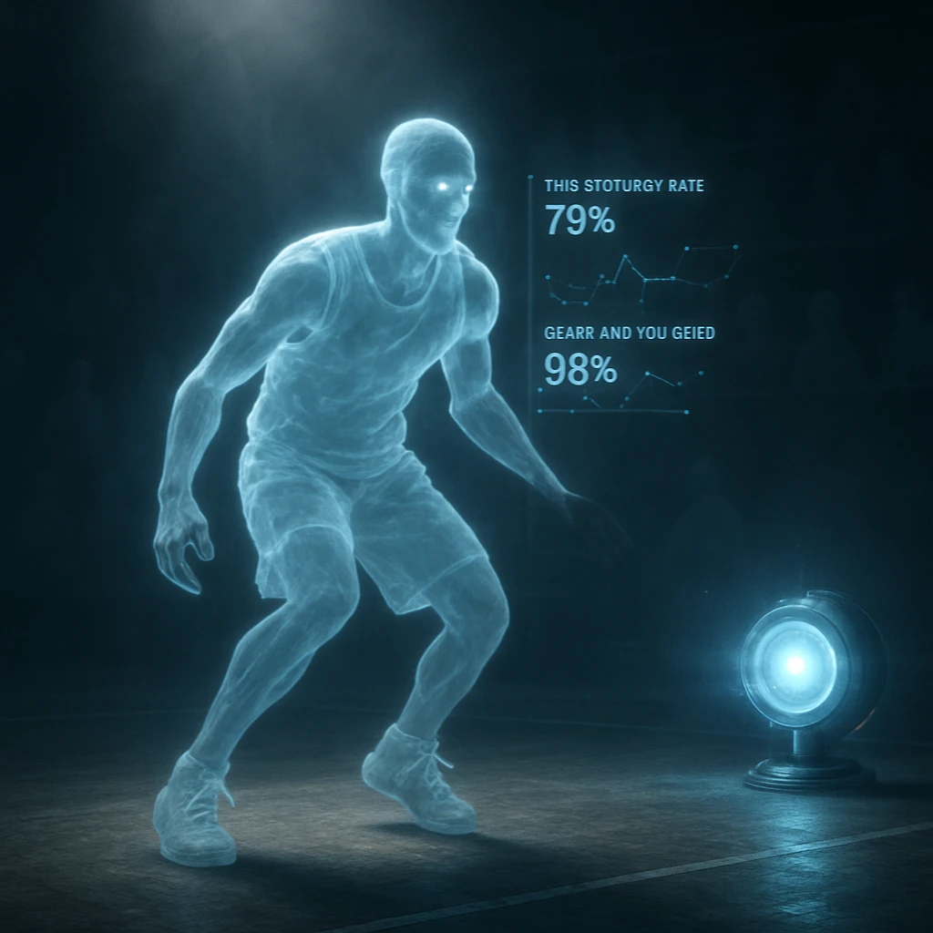 薄暗い異界のバスケットコートで半透明の幽霊選手がAIデータのホログラムに囲まれてドリブルしている様子。