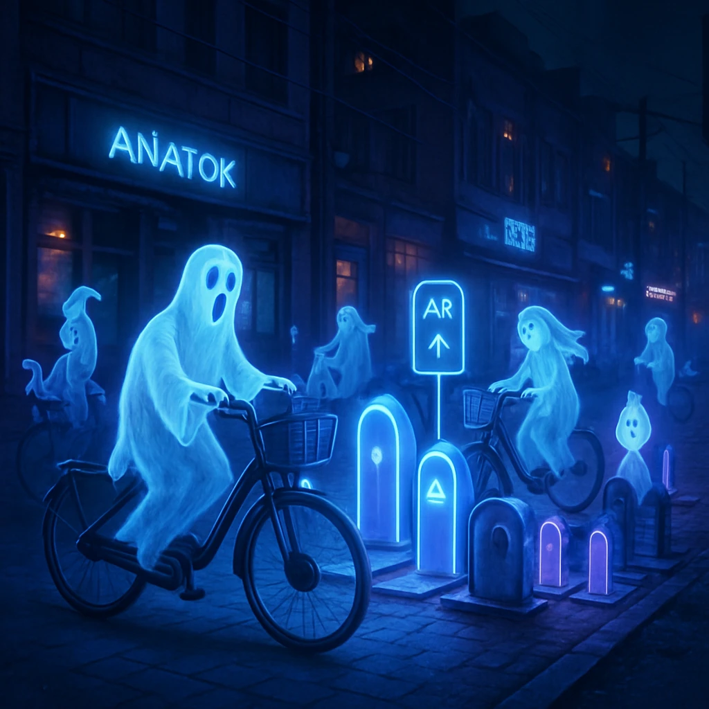 夜の冥界都市で、幽霊や妖怪たちがシェアサイクルに乗って走る様子をリアルに描いた写真風画像。