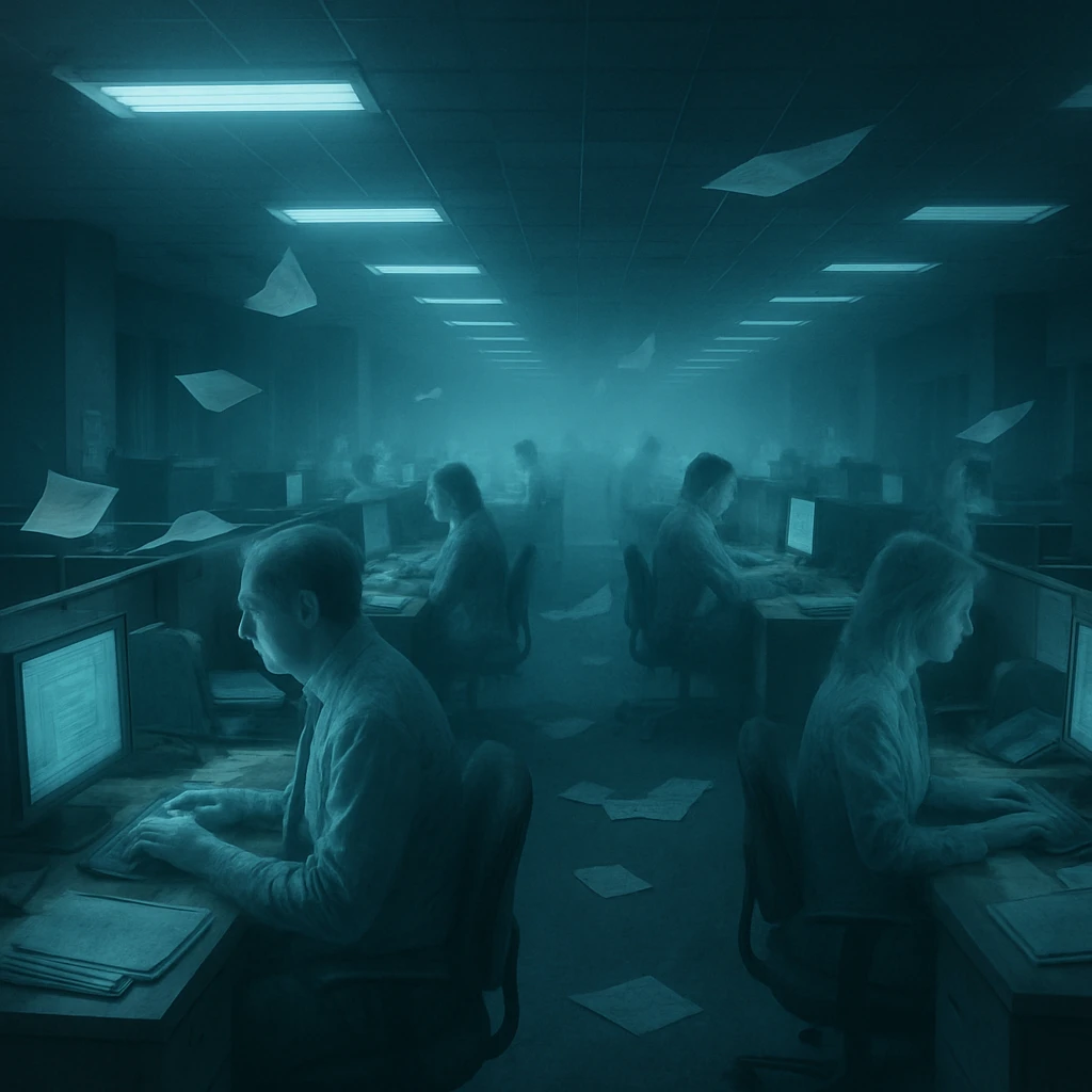 深夜のオフィスで透明な幽霊社員たちが長時間労働をしている様子の写真。