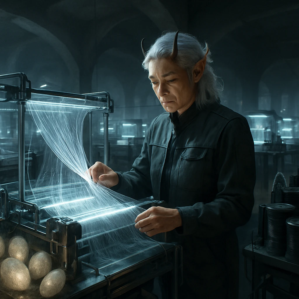 地下の巨大な繭製造施設で、妖怪技師が発光する透明な繊維を精査している光景。