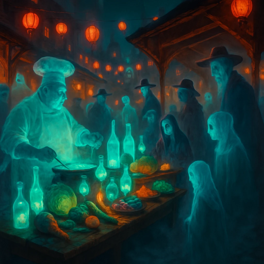 夜の幻想的な街で開催される幽霊や妖怪たちの発酵祭りの会場風景を写した写真。