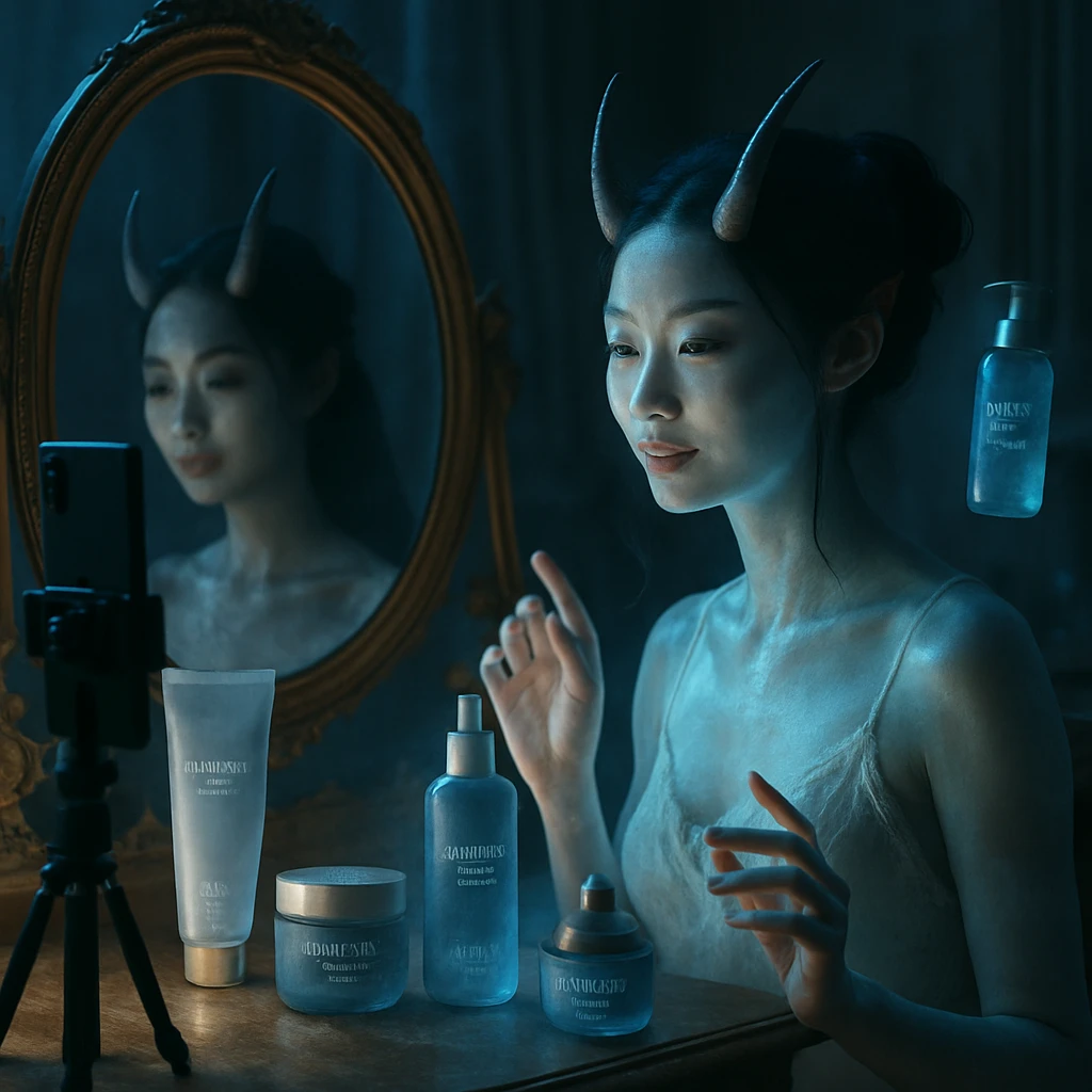 半透明の美肌妖怪がコスメを紹介する自宅ライブ配信の様子をリアルに捉えた写真風画像。