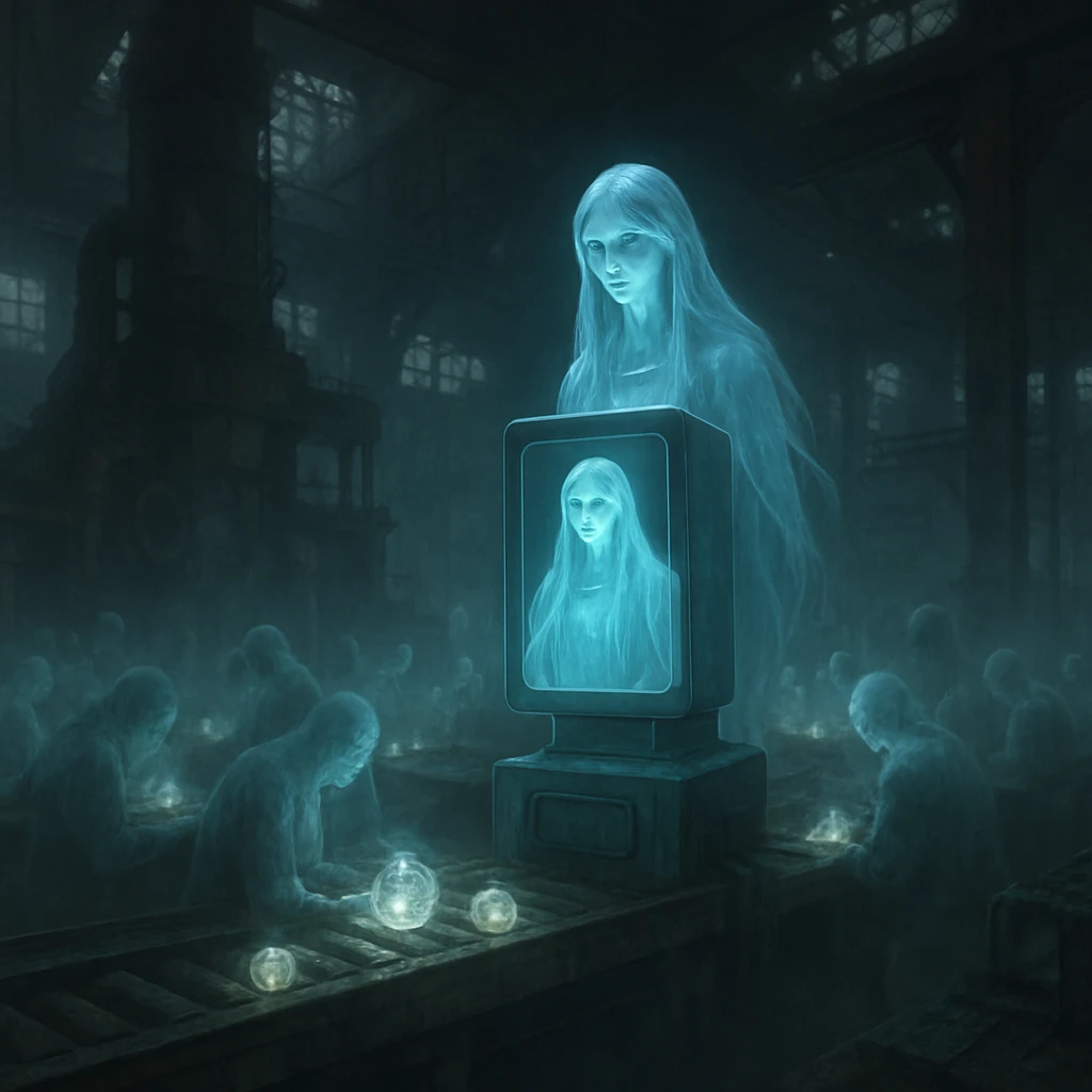 薄暗い霊魂工場の中で青白く光るAI端末と幽霊作業員が魂の球体を扱っている様子。