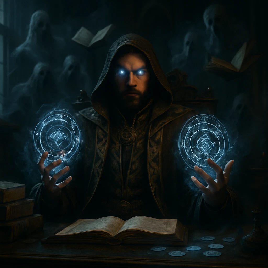 暗い書斎で魔導士が机に座り、浮遊する本や光る呪文と共に霊体の仲間たちとクラウドファンディングの様子を表現した写真です。