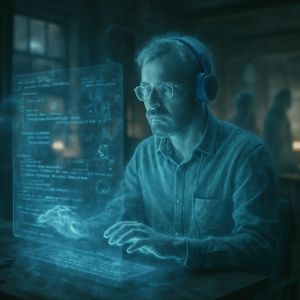 薄暗い部屋で幽霊のエンジニアが浮かぶホログラフィック画面を操作している写真風画像