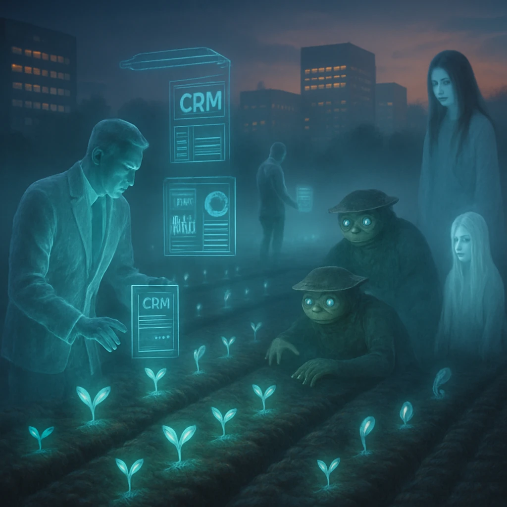 霧がかった農場で、透明なスーツを着た営業幽霊たちが発光する苗を世話し、周囲にはカッパなどの妖怪顧客が現れている場面。