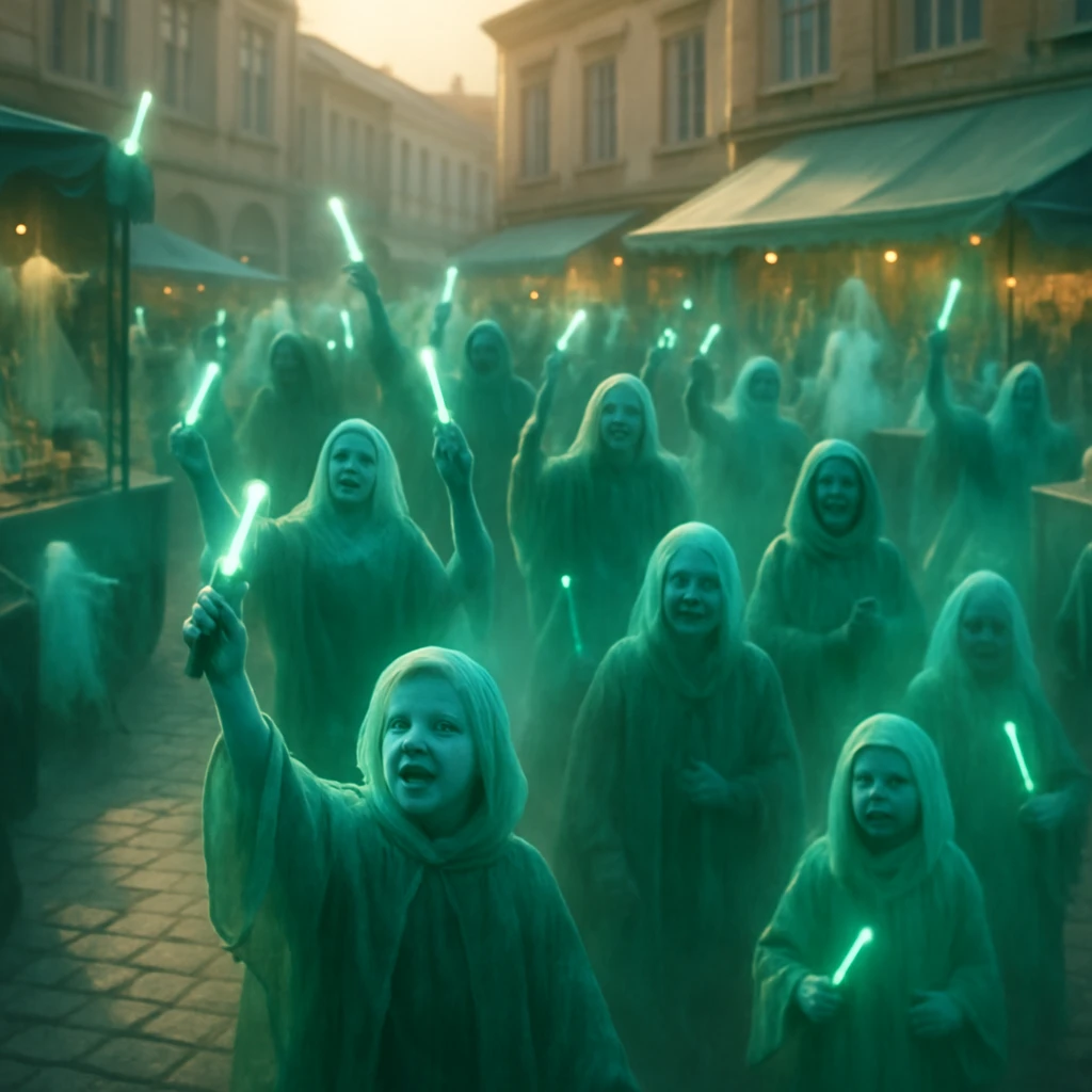 深緑色のマントをまとい光るペンライトを振る幽霊たちが集う広場の様子。