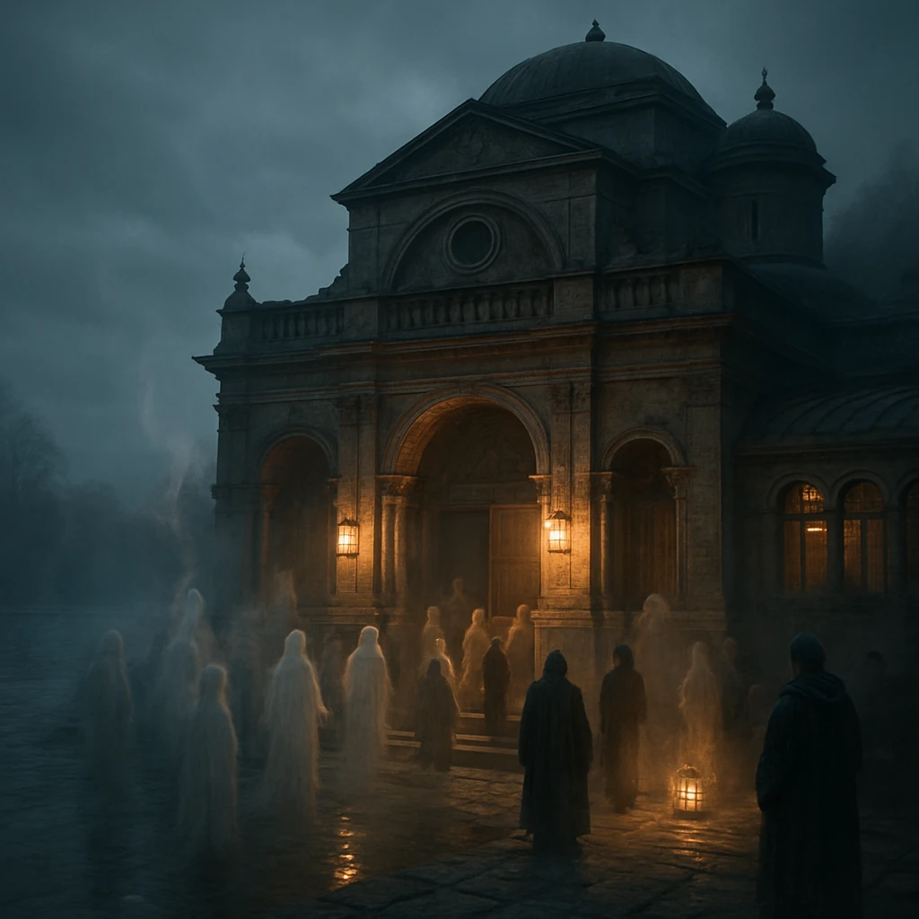 夕暮れの川辺に立つ歴史ある温泉施設の入口で、生者と幽霊が行き交う幻想的な情景。