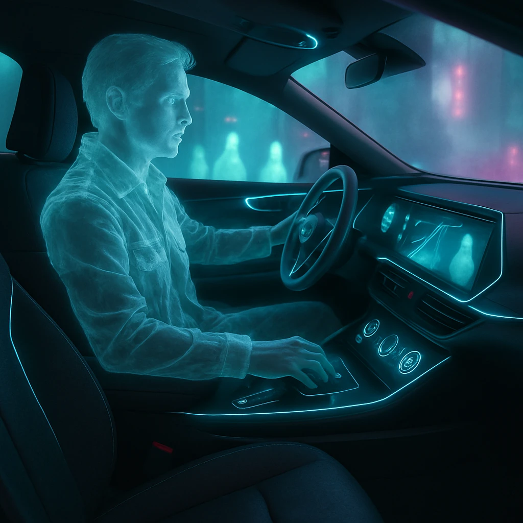 未来的な自動運転車の車内で、半透明の幽霊が他の霊的乗客とともに座っている様子。