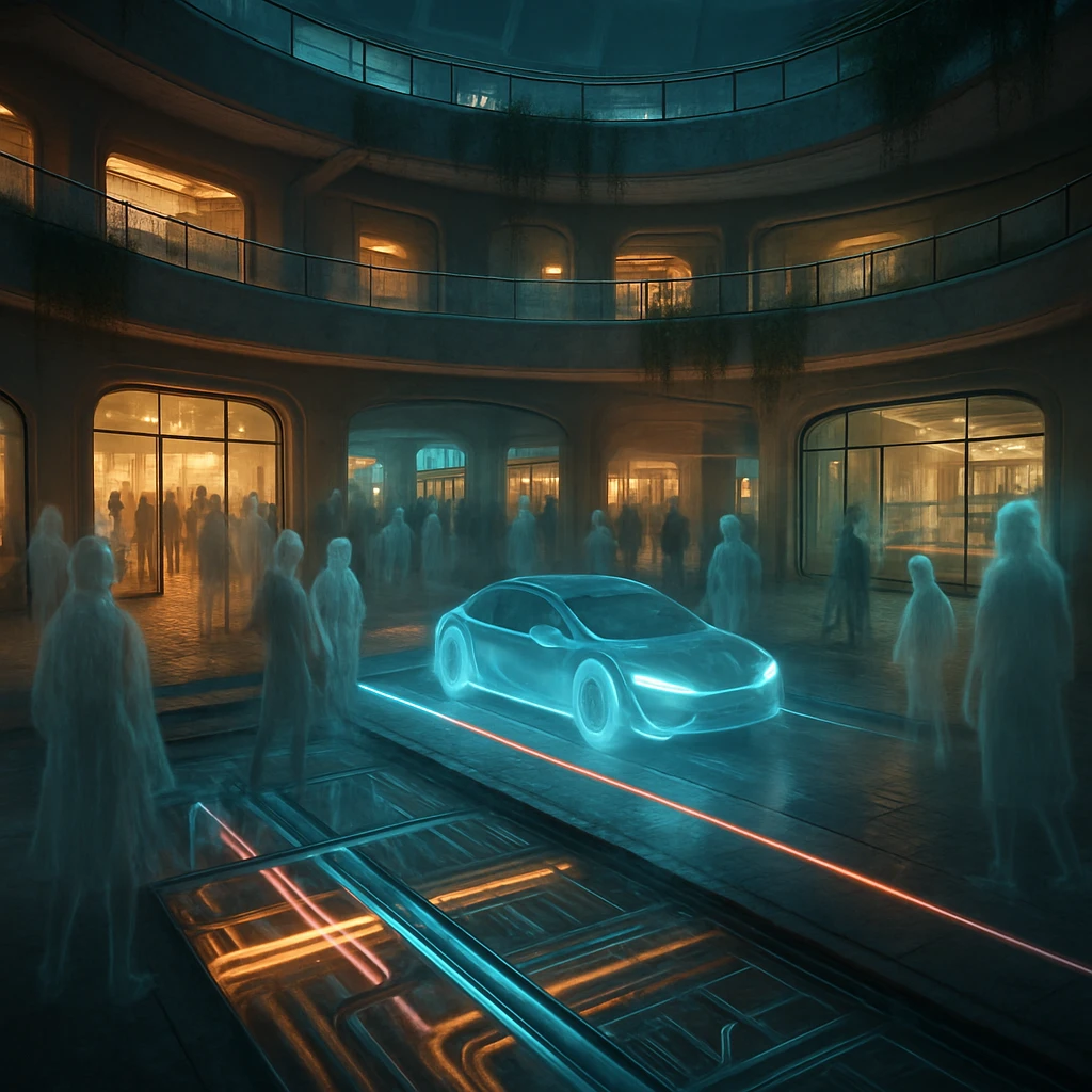 環状のモール内で透明な幽霊たちとエネルギー車が行き交い、床下にはカラフルなパイプが流れる様子のリアルな写真風イメージ。