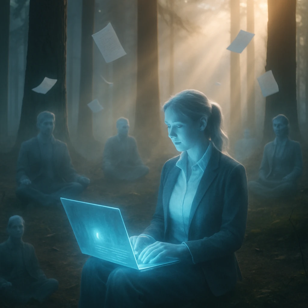 霧がかった森の中でノートパソコンに向かう透明なオフィスワーカーと、周囲で働く幽霊たちを写した写真。