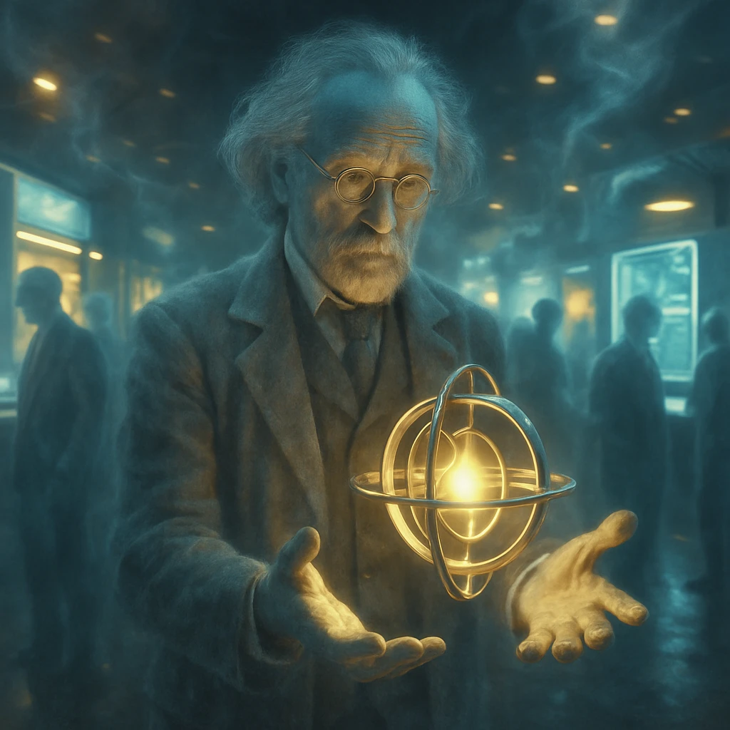 あの世の科学博覧会で幽霊の発明家が光る装置を手に浮かべているリアルな場面。