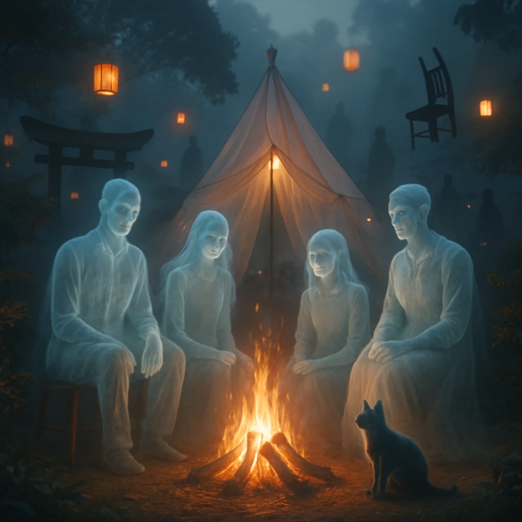夕暮れの庭で幽霊家族と黒猫幽霊が幻想的な焚き火を囲み、柔らかな灯りと浮かぶ椅子が並ぶ写真風の一場面です。