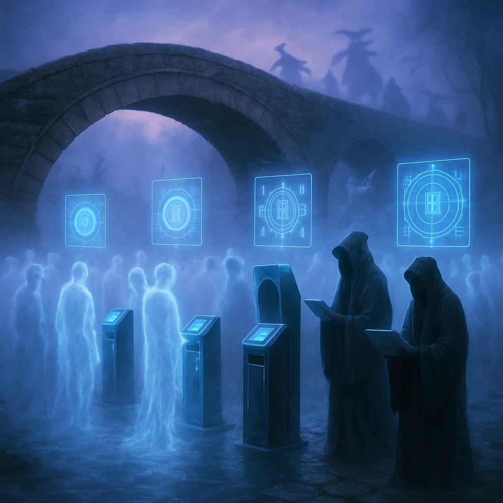 霧が立ち込める三途の橋で、死神たちがデジタル決済端末を操作し、魂たちが列を作っている様子。