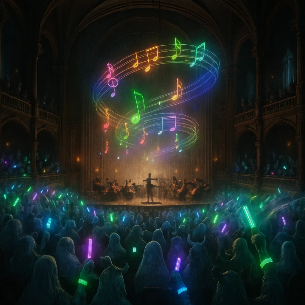 ソウルアリーナのライブ会場で、光るリストバンドを身につけた多様な霊体や妖怪ファンがステージを応援している様子。