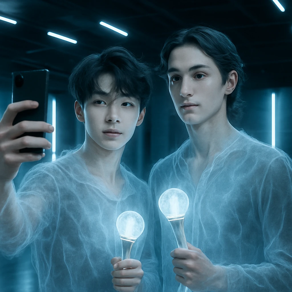 青白い光に照らされた練習室で、透け感のある魂体のK-POP練習生2人がセルカを撮影している様子。
