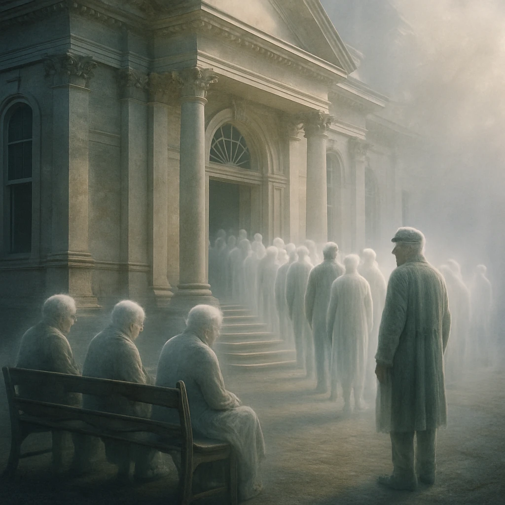 黄昏サンクチュアリのエントランス前に半透明の高齢幽霊たちが長い列を作っている様子のリアルな写真風画像。