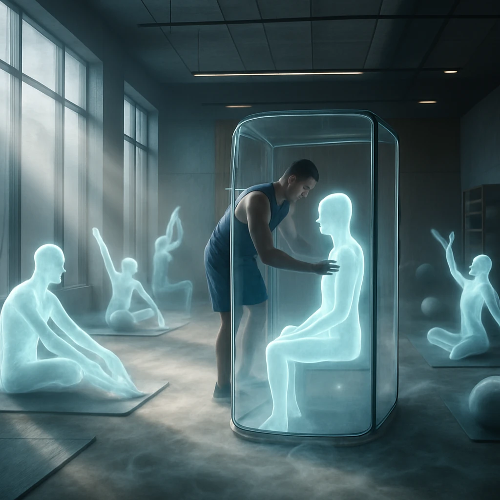 現代的な幽界ジムで幽霊のトレーナーが透明な利用者の姿勢をサポートしている写真風画像。