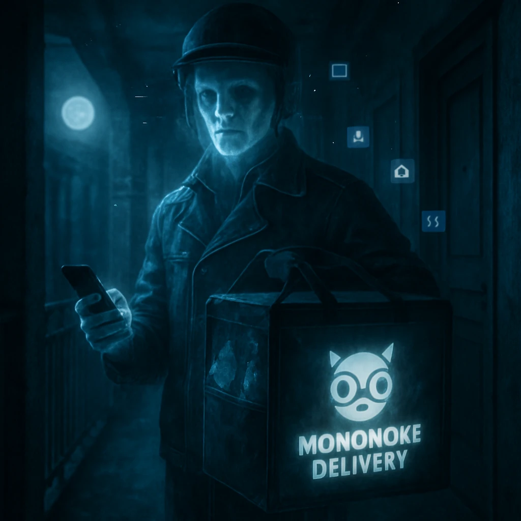 月明かりの差し込む廊下に、半透明の配達員がフードデリバリーバッグとスマートフォンを持って佇んでいる写真。