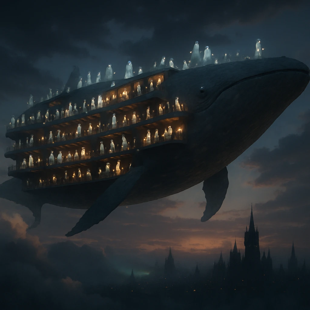 夕暮れの雲上に浮かぶクジラ型集合住宅の上で、幽霊や精霊たちが並んで外を眺めている写真風画像。