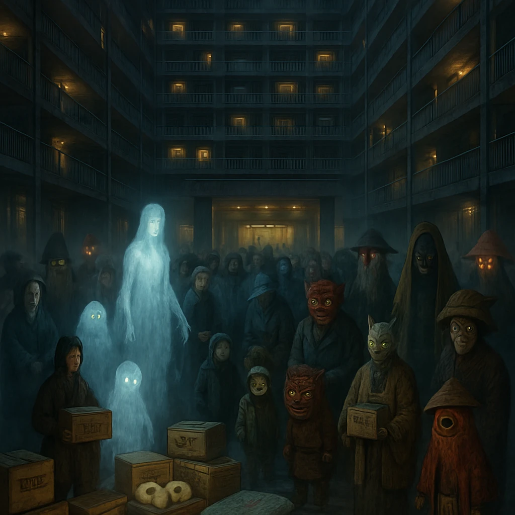 夜望館の広いロビーで幽霊や妖怪たちがさまざまな防災用の品物を受け取る賑やかな様子の写真風画像。