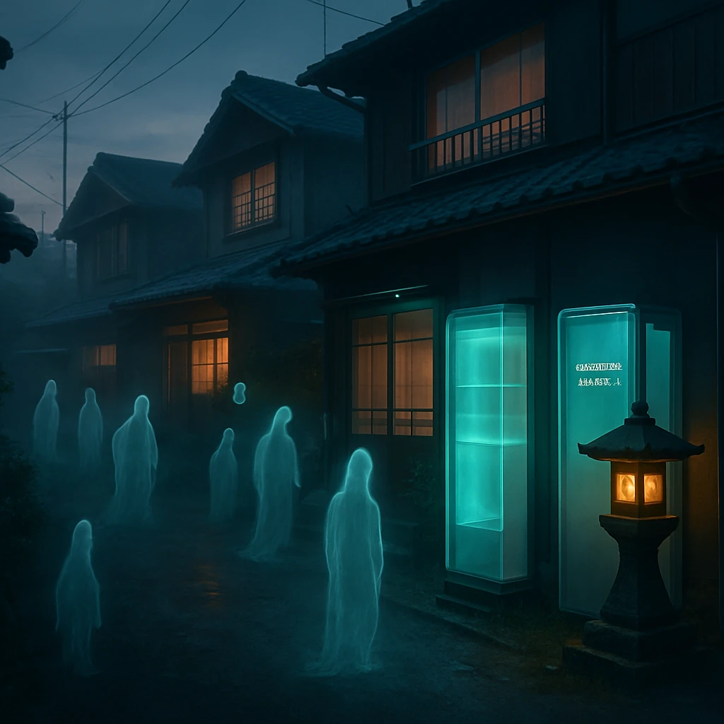 夕暮れの住宅街で、半透明の蓄電池が並ぶ家々と数人の妖怪や幽霊たちが集まる様子。