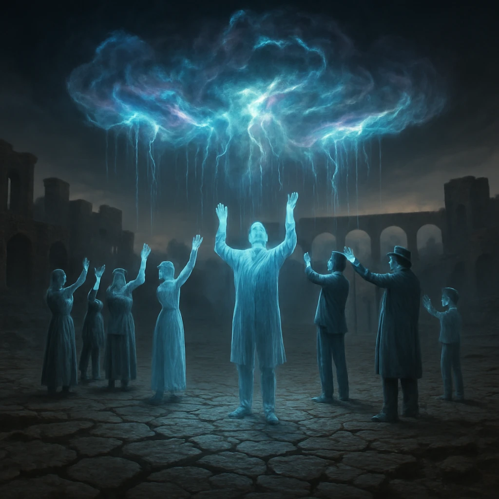 干上がった幽路川の川底で、幽霊の降水士たちが手をかざして幻の雨雲を呼び寄せている様子。