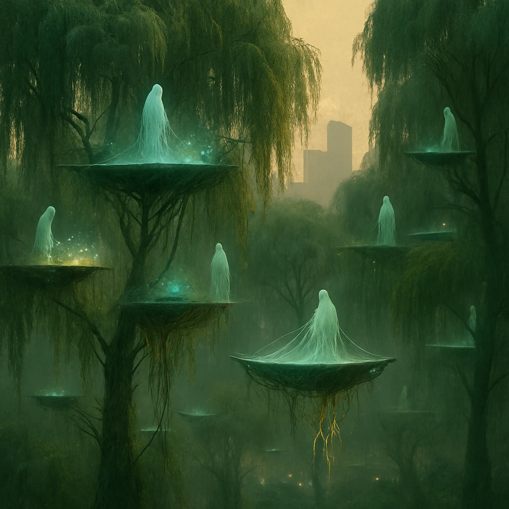 枝葉の上空に幽体で編まれた舟が浮かび、柳の精霊たちが発光する畑を世話している公園の樹上コロニーの写真風イメージ。