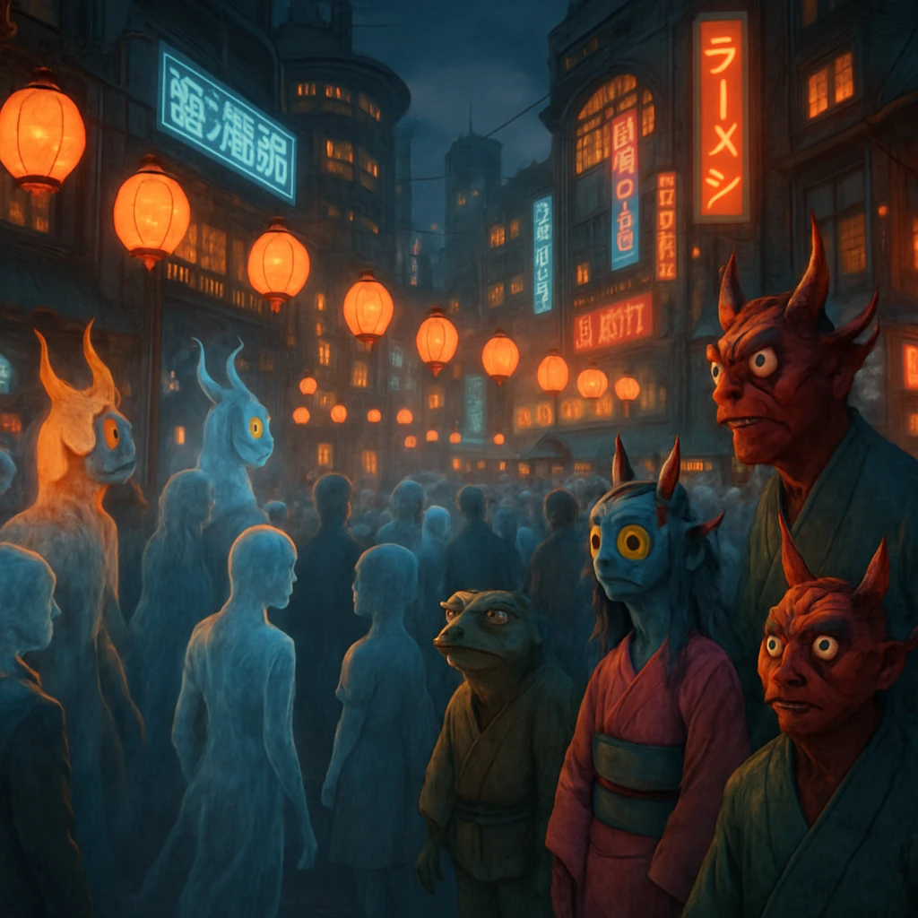 彼方都の広場で幽霊や妖怪、精霊が共に賑わう多文化的な死後都市の夕暮れ風景。