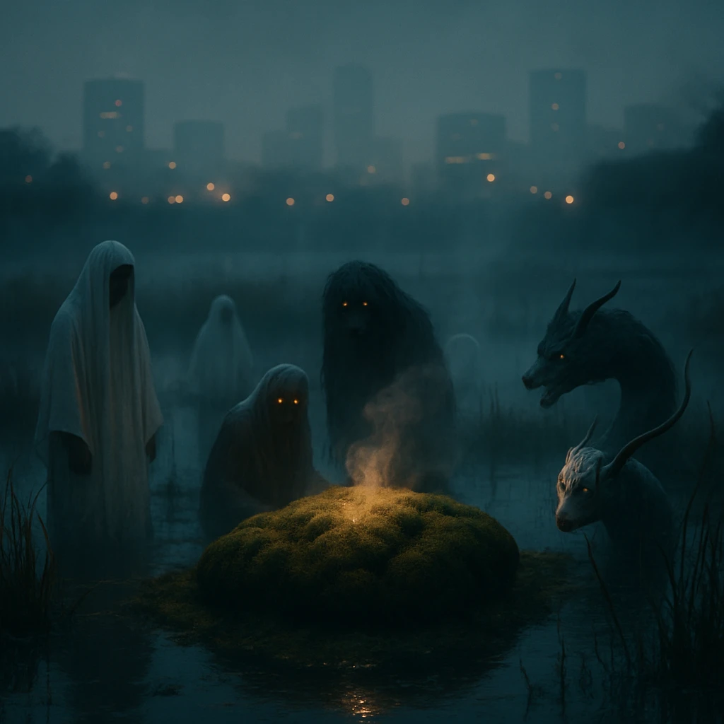 幽霊や妖怪たちが集まり、パンのように柔らかく香り立つ土壌を囲む都市湿地の夕景。