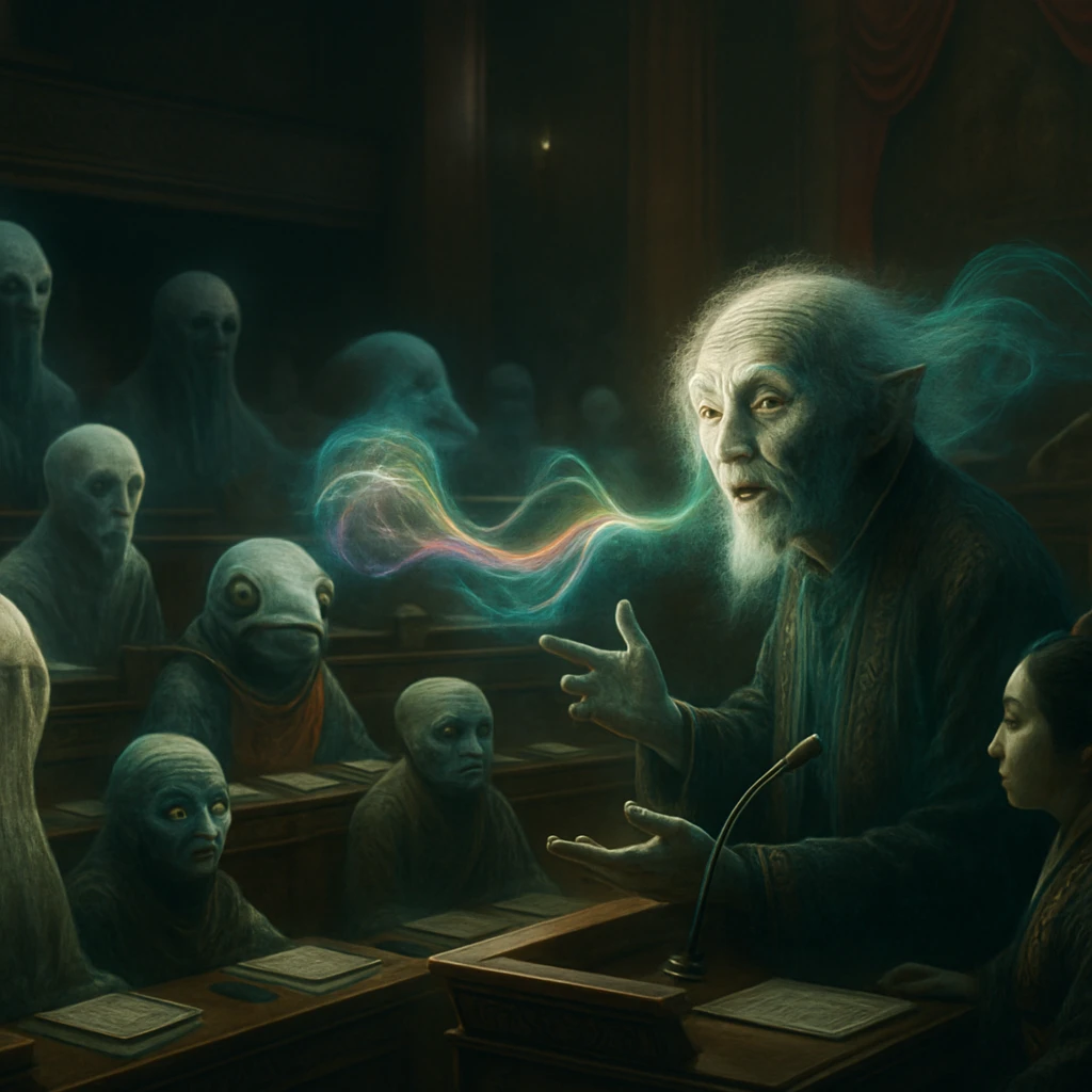 幽界議会の議場で翻訳妖怪が光る言葉を発し、さまざまな種族の議員たちへ広がる幻想的な一場面。