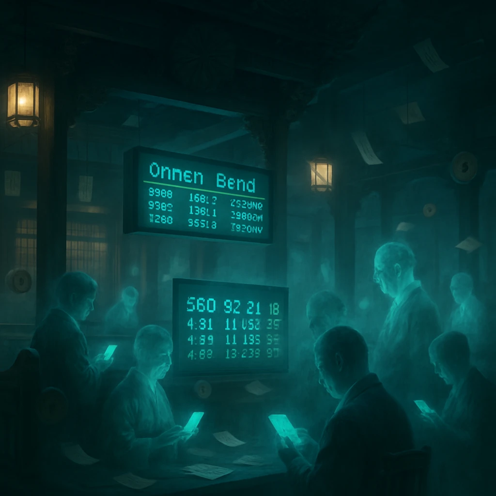 幽界の銀行ホールで半透明の投資家たちが発光する端末で取引する様子をリアルに描いた写真風画像。