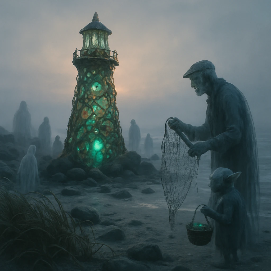 夜明けの霧が立ち込める浜辺で、半透明の精霊や妖怪たちが海漂着物でできた巨大な灯台オブジェに集まっている様子。