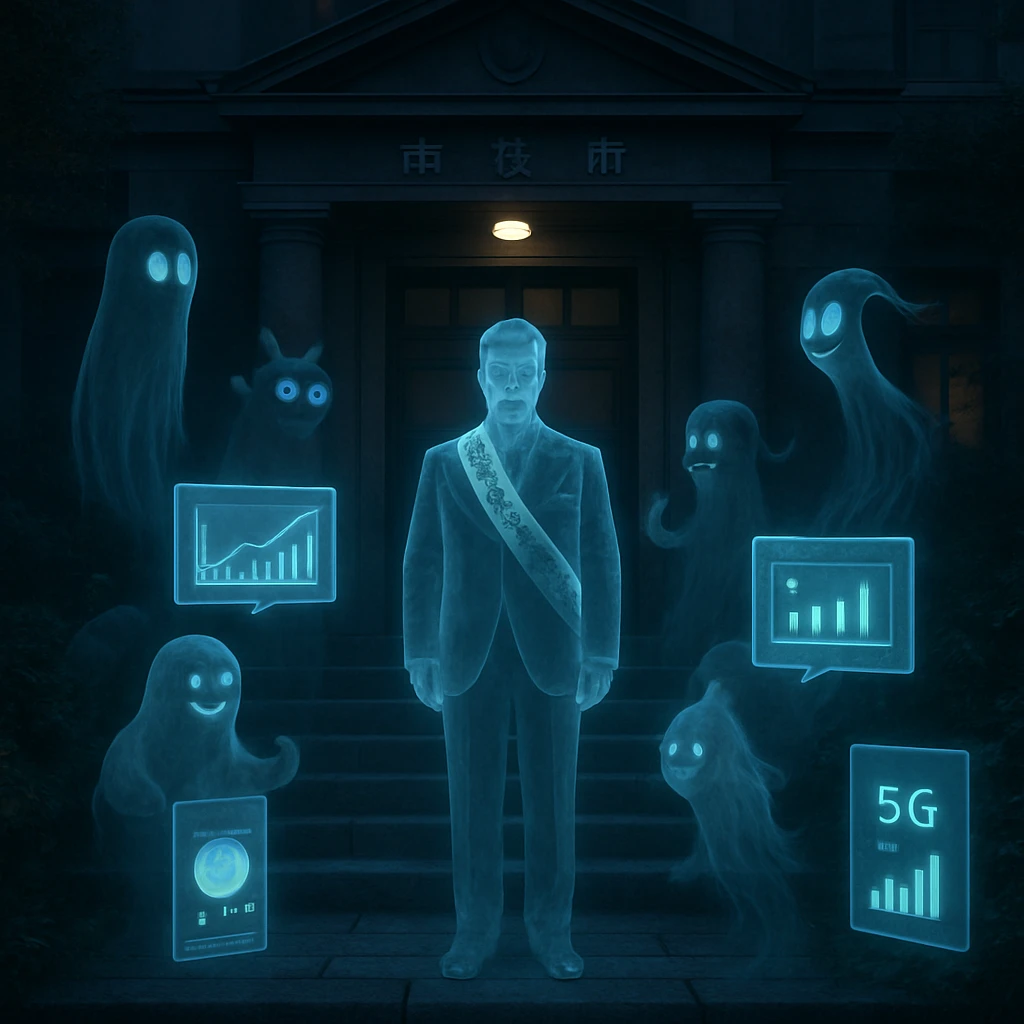 夜の市役所前で、半透明の市長や多様な幽霊・妖怪たちが集い、デジタル表示や光る横断幕が浮かぶ幻想的な様子。