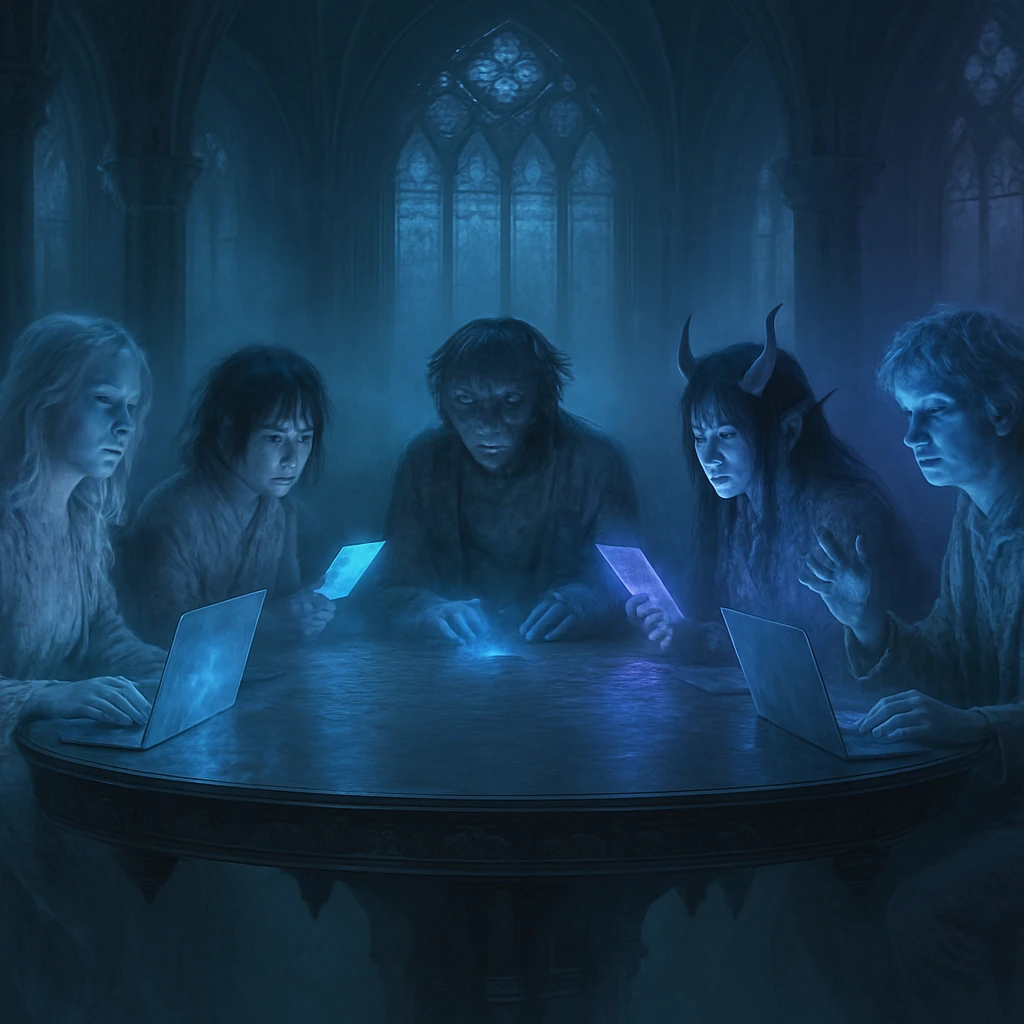 幻想的な議事堂で若い幽霊や妖怪たちが円卓を囲んで活発に議論を交わしている写真風イメージ。