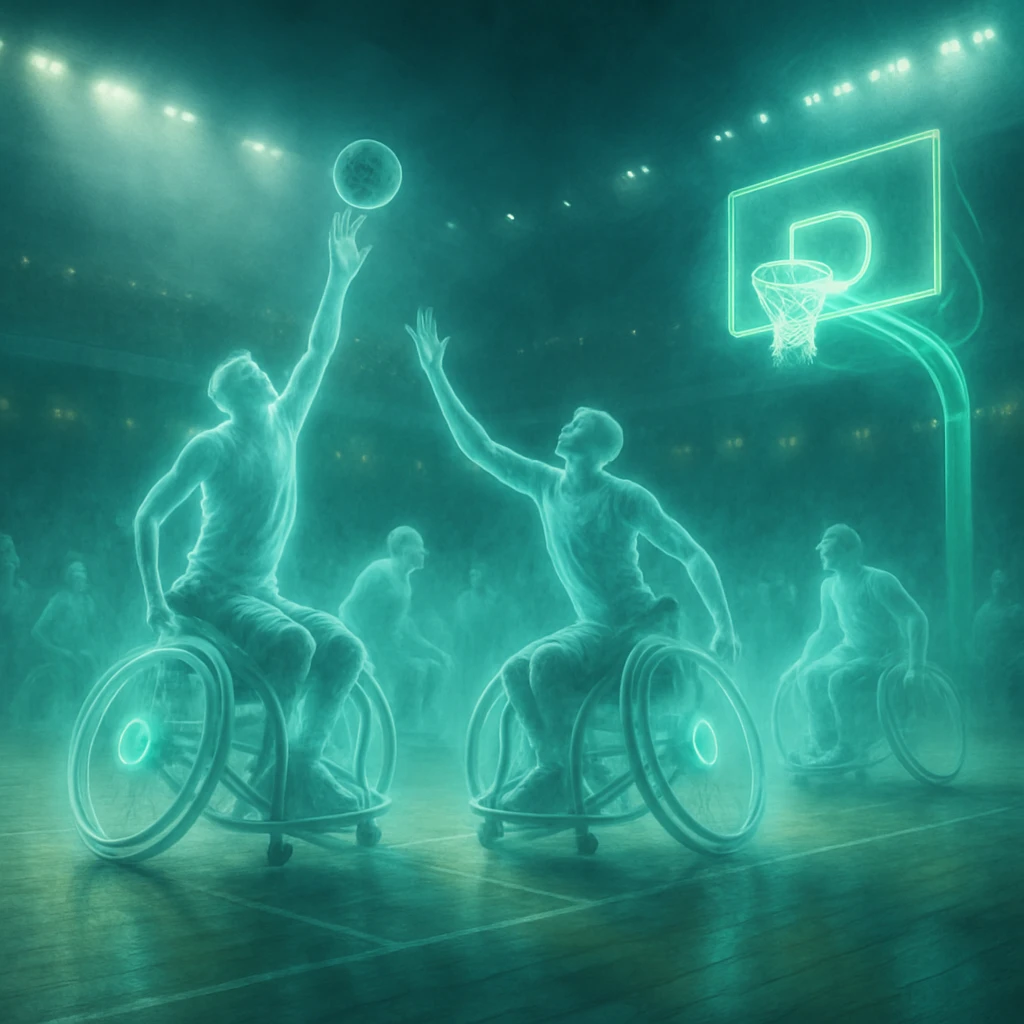 透明な車いすに乗った半透明の幽霊たちが近未来的な体育館のコートでバスケットボールを競っている様子。