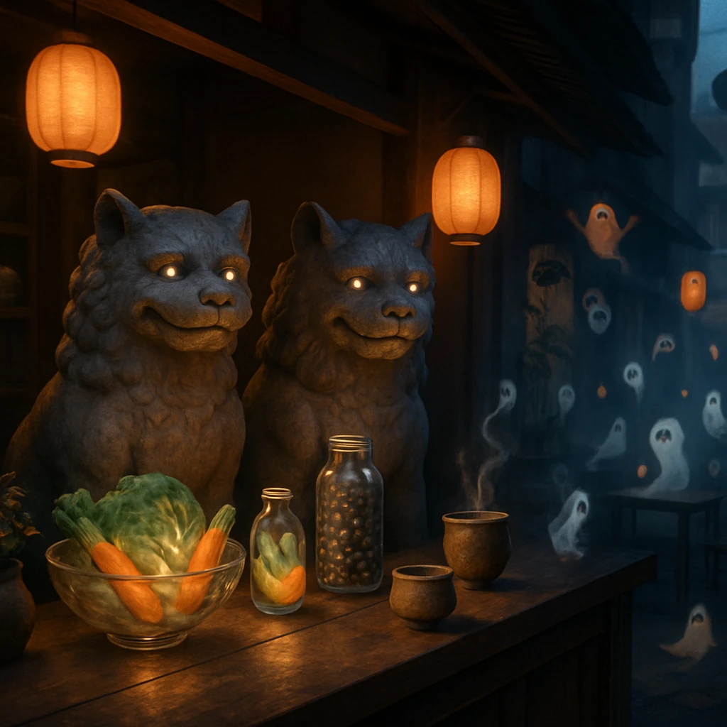 現世横丁のカフェで、狛犬兄妹がカウンター越しに器や霊的な食材を用意し、幽霊や妖怪たちがくつろぐ様子。