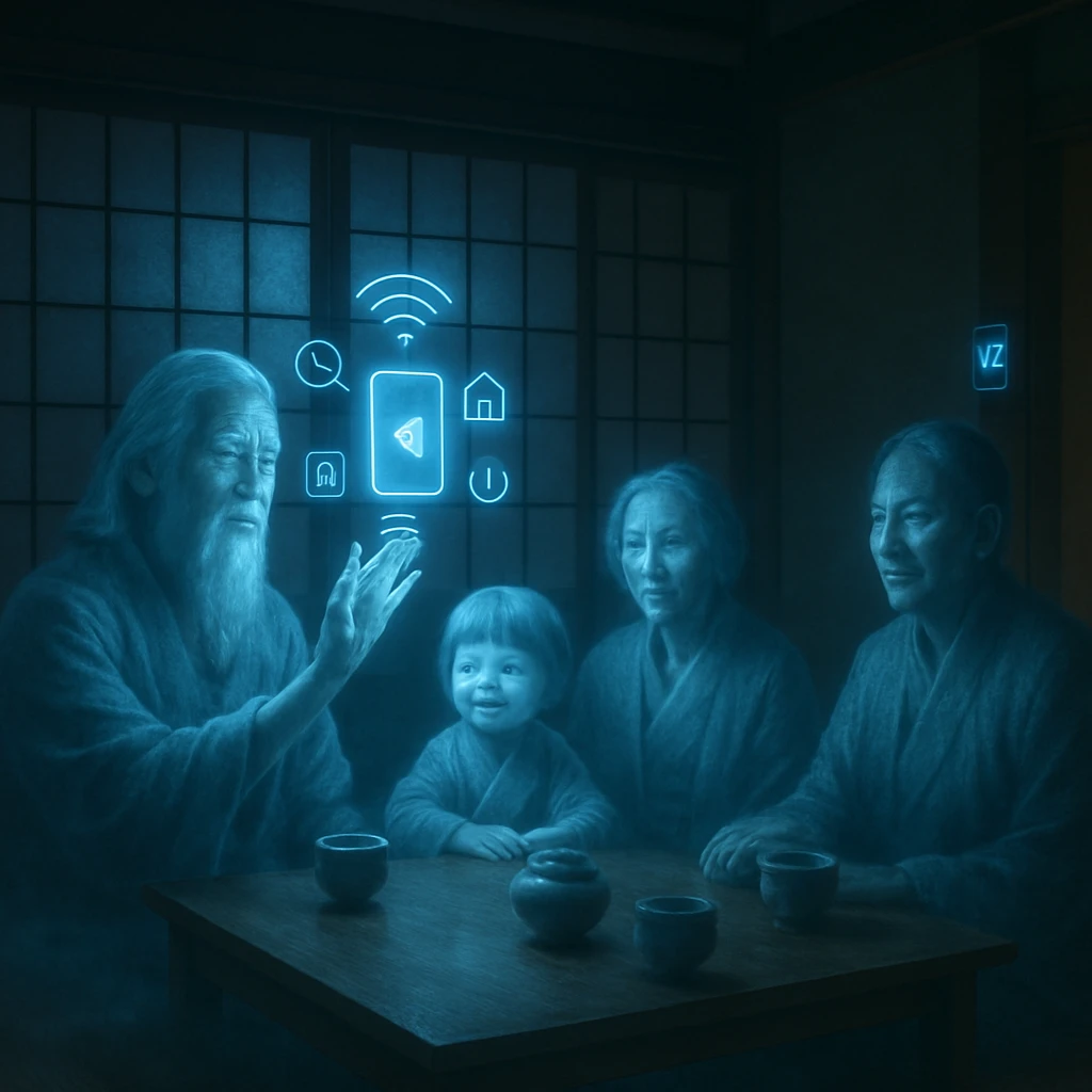 和風の居間で、家族の幽霊たちが近未来的なスマートデバイスを操作している様子の写真風画像。