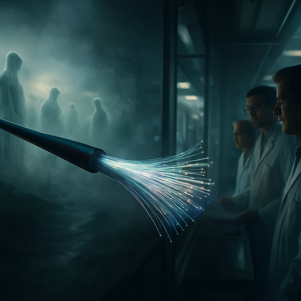 最先端研究室と霧に包まれた異界をつなぐ光るケーブルを幽霊と技術者が見つめている写真。