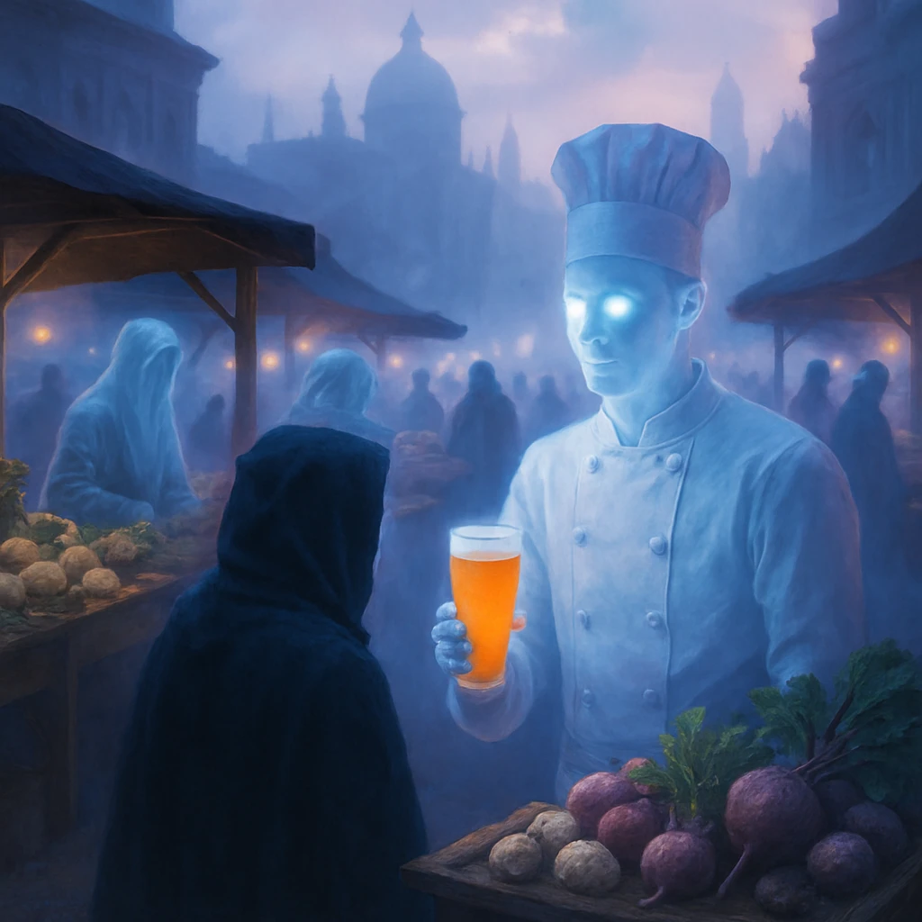 霧に包まれた幻想的な朝市で、幽霊や精霊たちが珍しい食材や地ビールを楽しんでいる様子の写真。