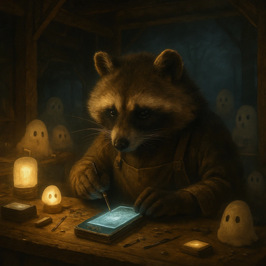 夜の森の工房でスマートフォンを修理する作業着姿のタヌキと、それを興味深く見守る幽霊たちの様子。